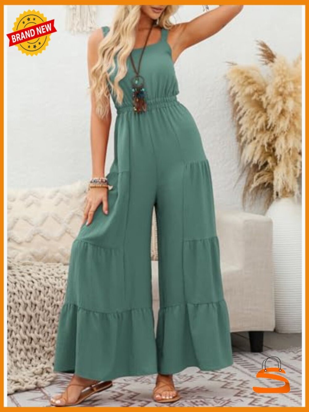 Sleeveless Ruffle Wide Leg Jumpsuit Flowy Romper Summer Casual Loose Fit - Picture 4 of 7